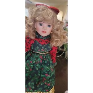 Collectors VTG Porcelain Doll Christmas Holly Dress Red Shoes  Victorian Fashion